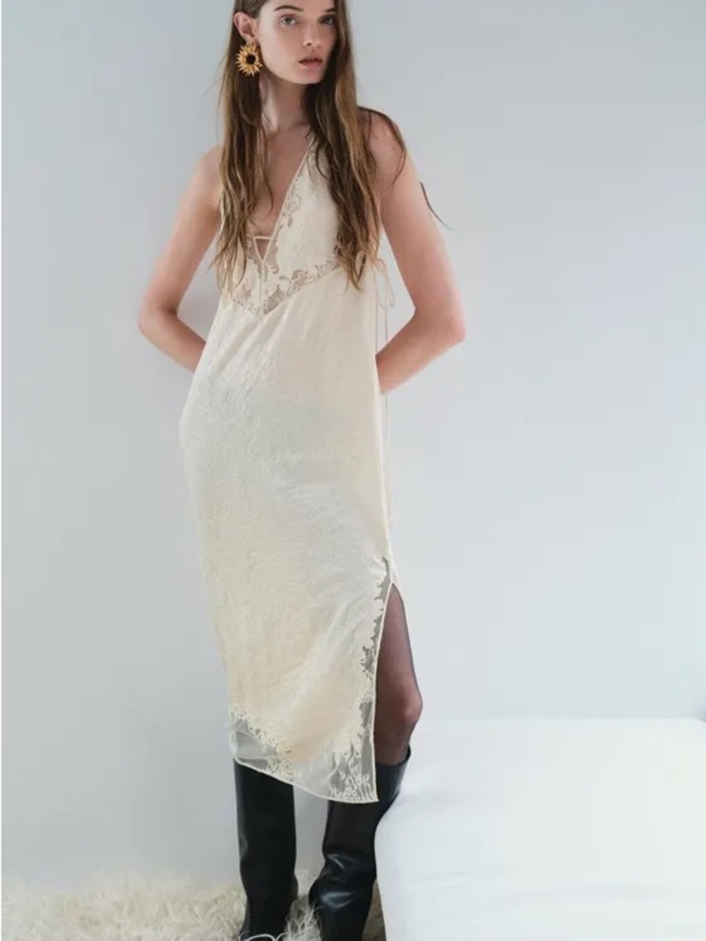 Zara ZW Collection Wrinkle Lingerie Slip Dress Vanilla NWT Sz XL
